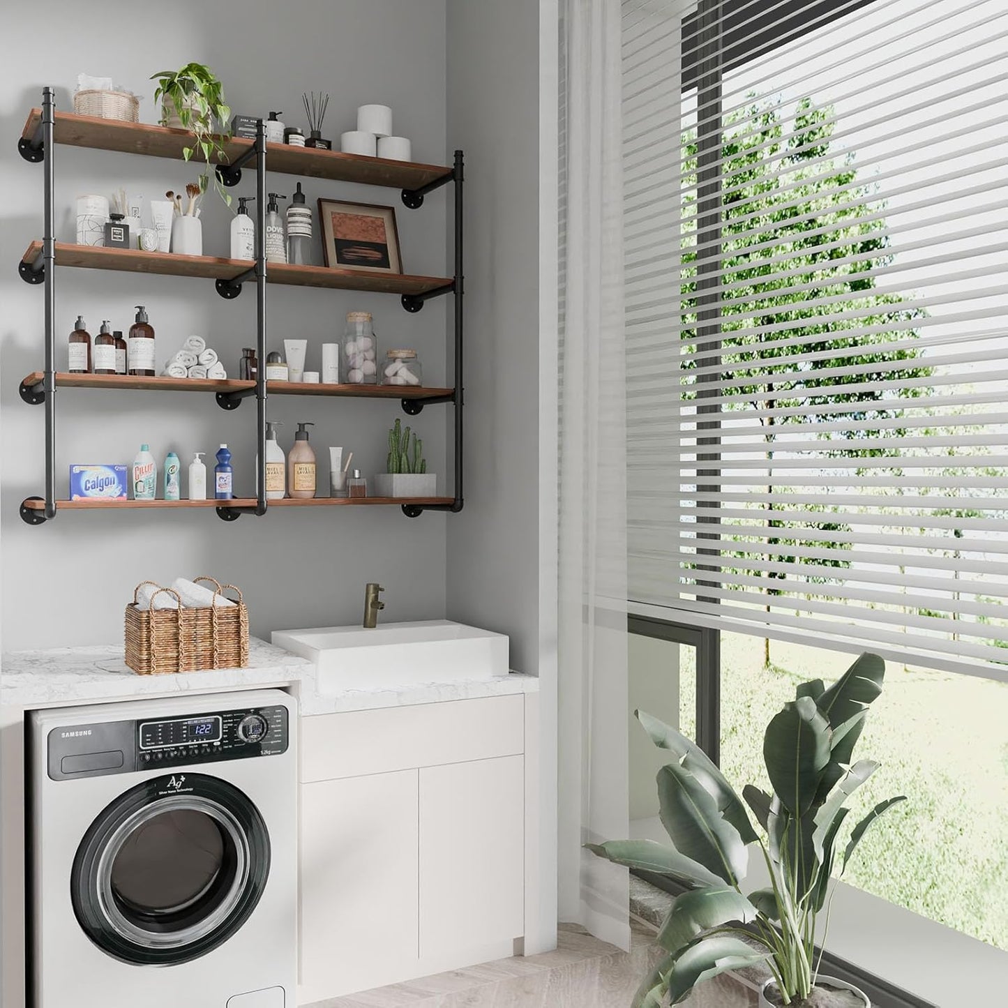 Industrial Pipe Shelf Brackets Wall Mount, Open Black Pipe Shelving for Kitchen,Floating Shelf Brackets Mount,Open Bookshelf Brackets for Shelves,Wall Shelves 12 Inch Deep,(2PcsX3Tier,47" Tal)