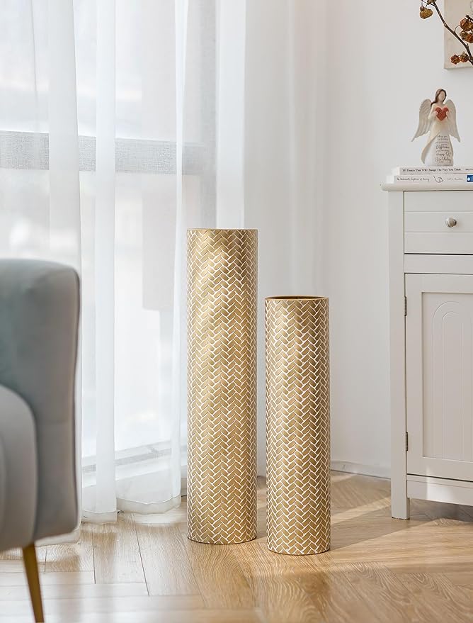 Sziqiqi Tall Gold Floor Vase: Set of 2 Woven Texture Metal Cylinder Vases Extra Large Decorative Standing Vase - 27.6/21.7in Vintage Vases Home Decor for Living Room Bedroom Home Corner Indoor Office