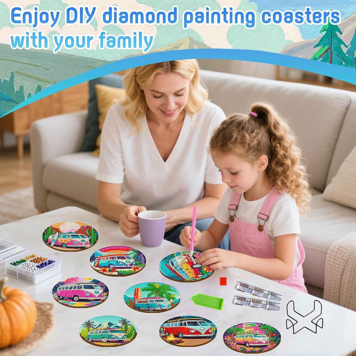 DOZEEZOP 8 PCS Landscape Diamond Art Coasters Kit, Bus 5D Diamond Painting Coasters with Holder, Fall Small Diamond Art Kits for Adults Beginners, Diamond Dots Arts and Crafts Supplies