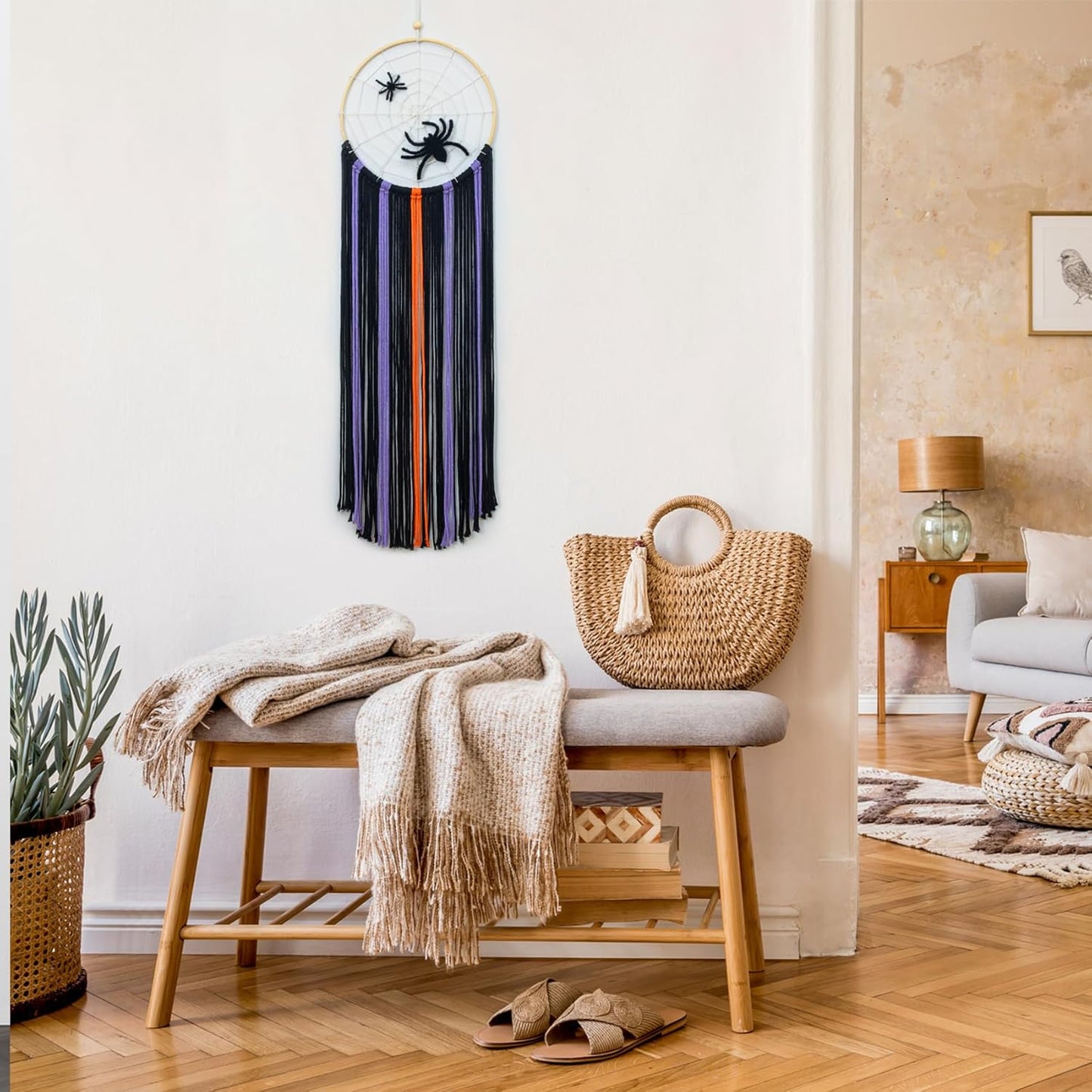 LB Purple Halloween Black Macrame Wall Hanging Spooky Spider Wall Decor Beige Spider Web Purple Black Woven Tassels Tapestry Yarn Macrame Wall Art for Living Room Bedroom Dorm Nursery Home Decoration