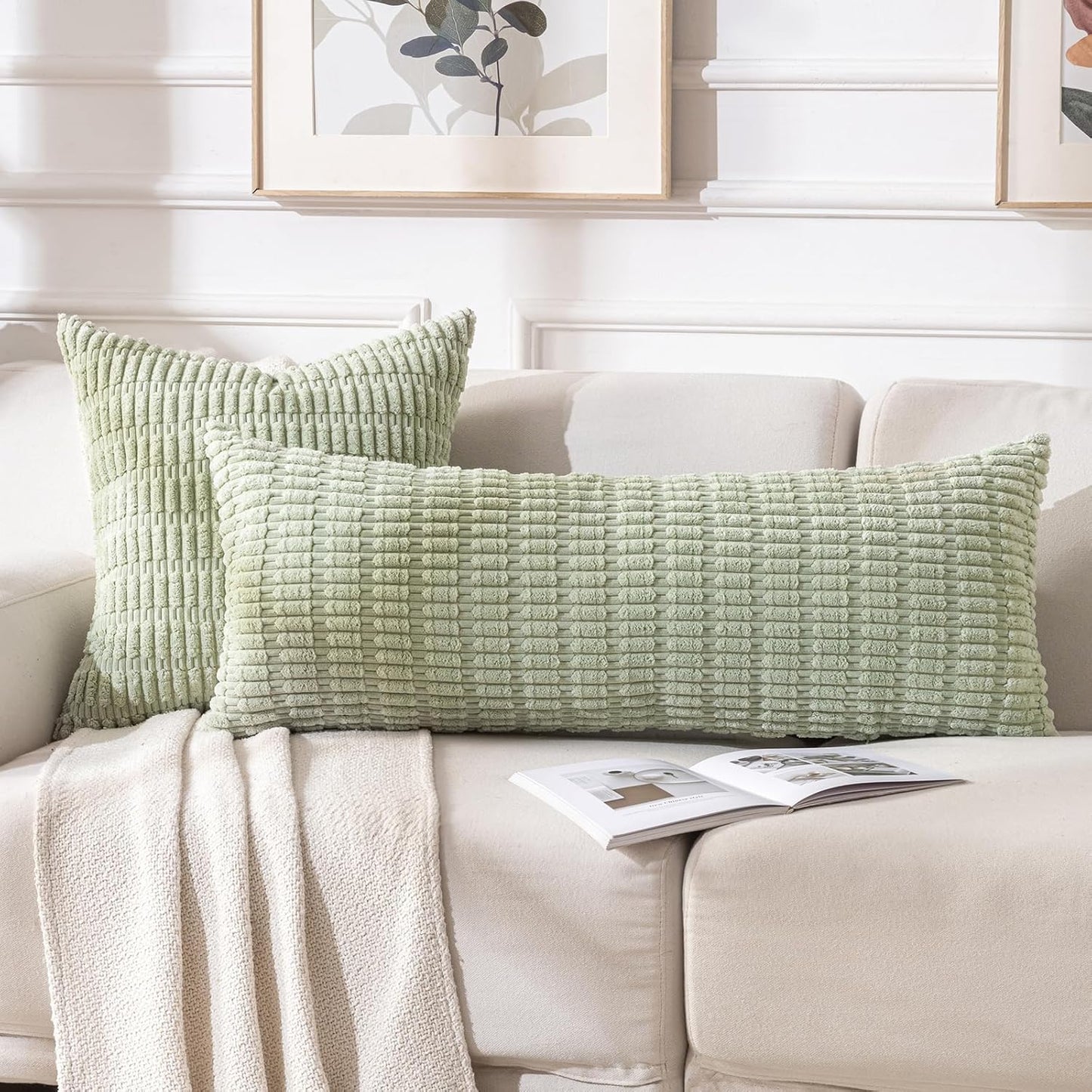 Fancy Homi Sage Green Long Lumbar Decorative Throw Pillow Covers 14x36 Inch for Bed Couch Bedroom, Soft Corduroy Rectangle Solid Cushion Case 35x91 cm, Rustic Farmhouse Boho Room Décor