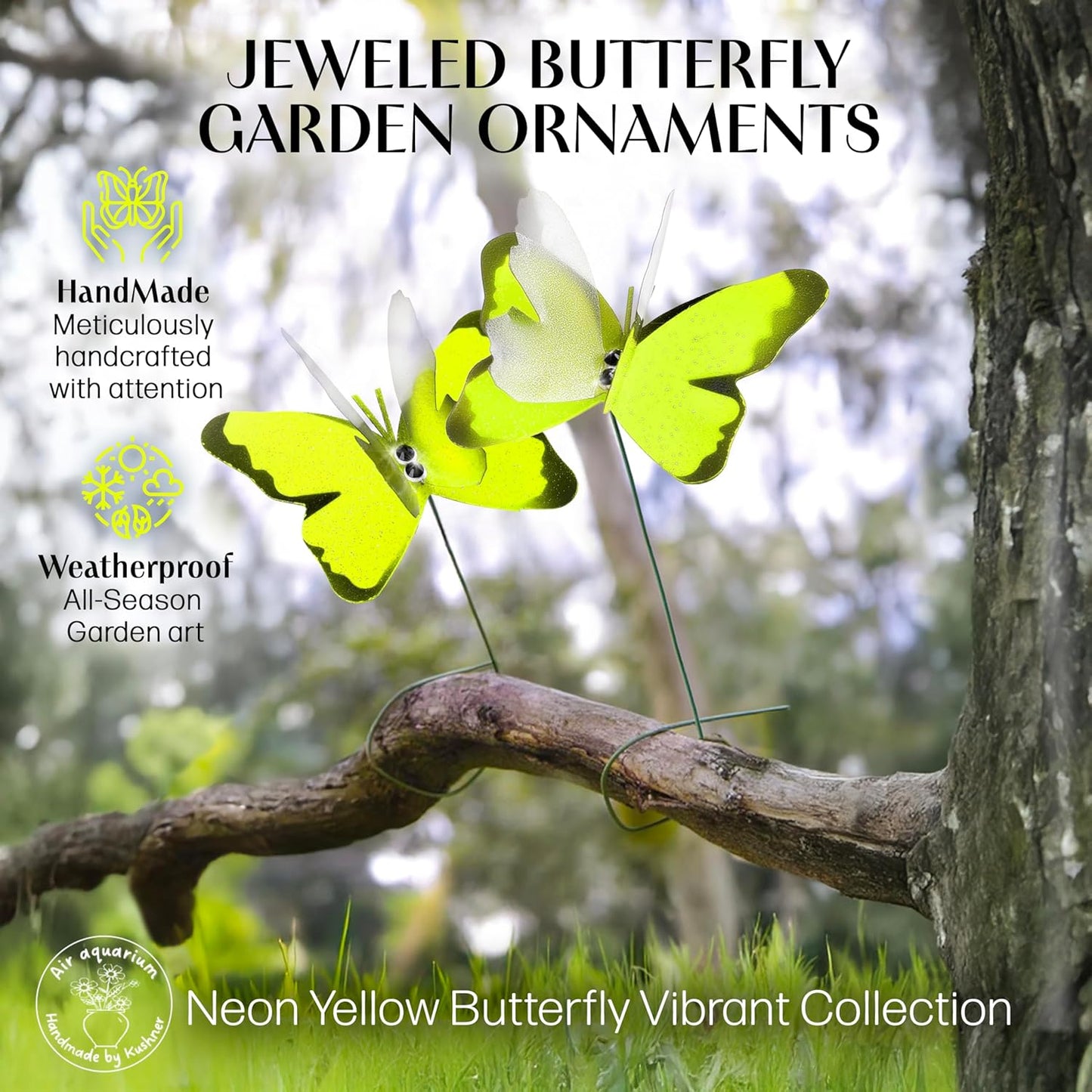 Handmade Butterfly Garden Stakes – Set of 7 Yellow Decorative Butterflies Idea for Garden & Nature Lovers – Outdoor & Indoor Garden Decor – Air Aquarium Handmade by Kushner