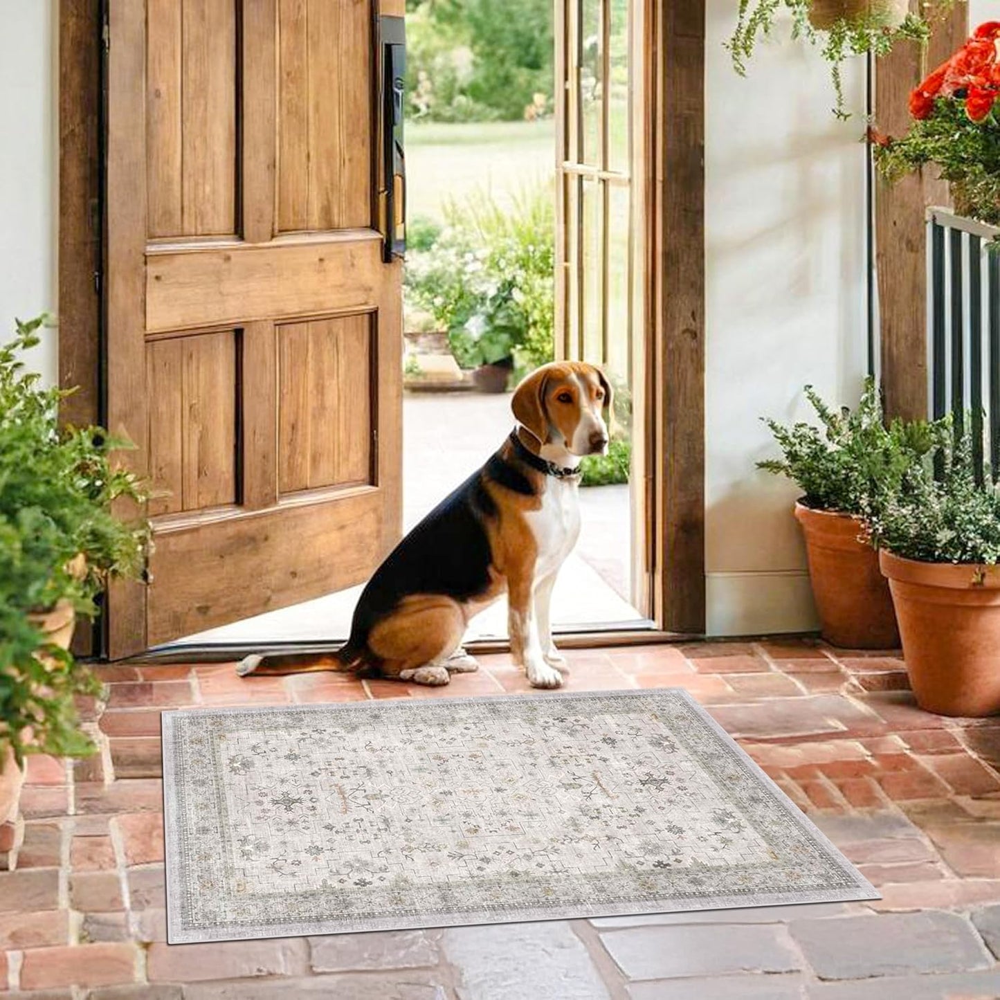 Light Grey Boho Bathroom Rug 2x4 - Modern Vintage Eclectic Floral Pastel Neutral Taupe, Washable Low Pile Non-Slip Small Throw Area Rugs for Entryway Door Mat Indoor Entrance, Kitchen