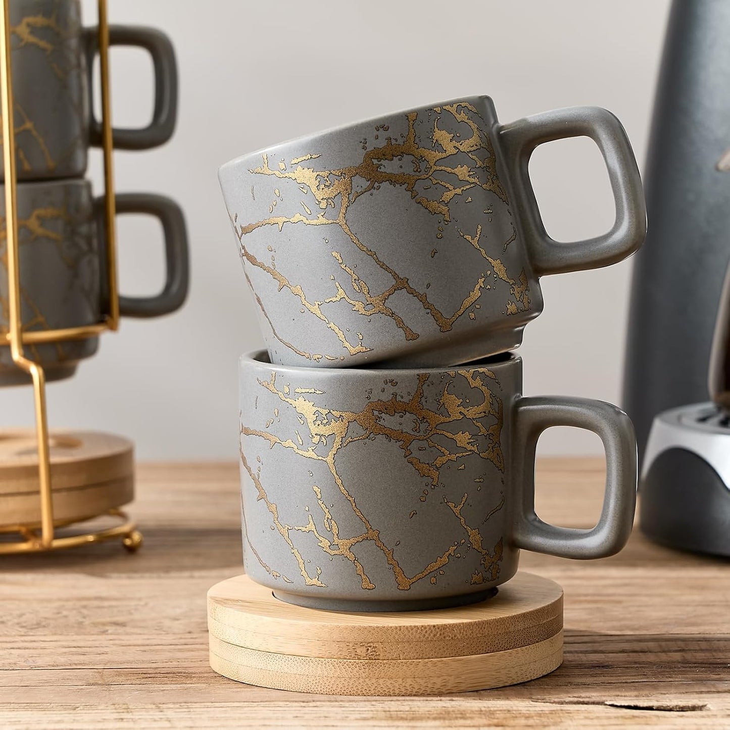 LUKA Porcelain Espresso Cup with Saucer and Metal Stand, 4 Ounce Stackable Ceramic Demitasse Espresso Mugs Cups Set for Latte, Specialty Coffee Drinks, Cafe Mocha,Tea - Set of 4, Gray