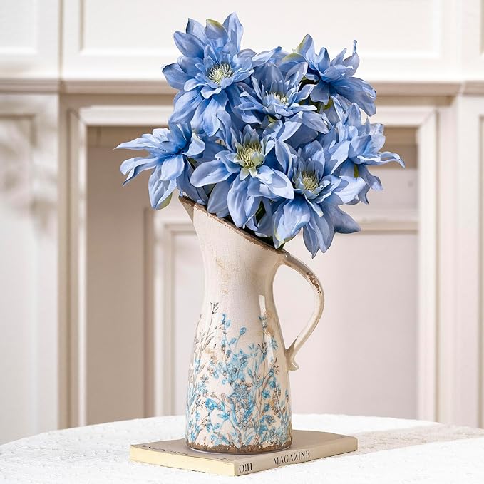 Vintage Ceramic Pitcher Vase with Handle, Farmhouse Blue and Brown Large Floral Vases, French Country Decorative Vase, Rustic Table Centerpiece for Home Decor Living Room, Bookshelf, Office 10.5 Inch