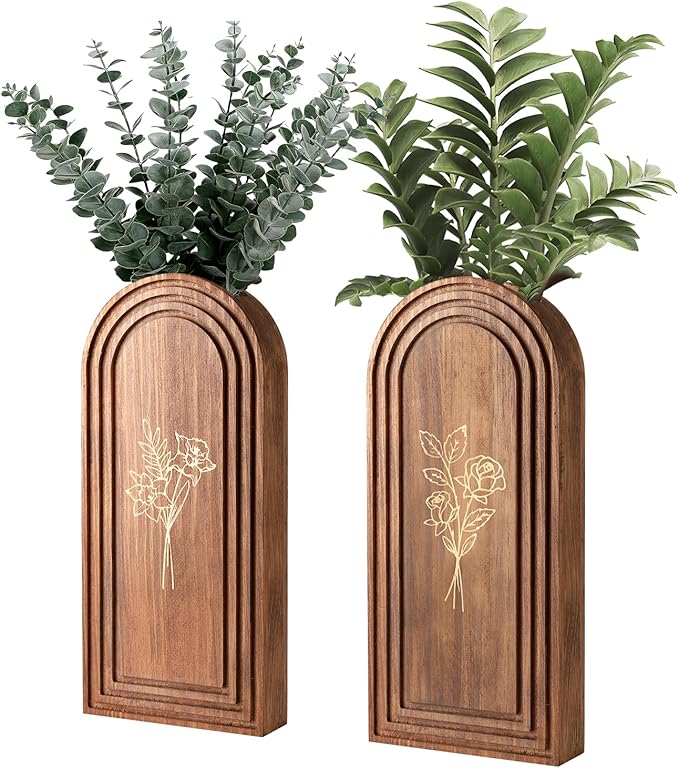2 Pack Wooden Wall Vase Set, Farmhouse Modern Boho Pocket Vases Planter Wall Decor for Living Room, Bedroom, Entryway, Hallway, Dining Room, Narrow Spaces