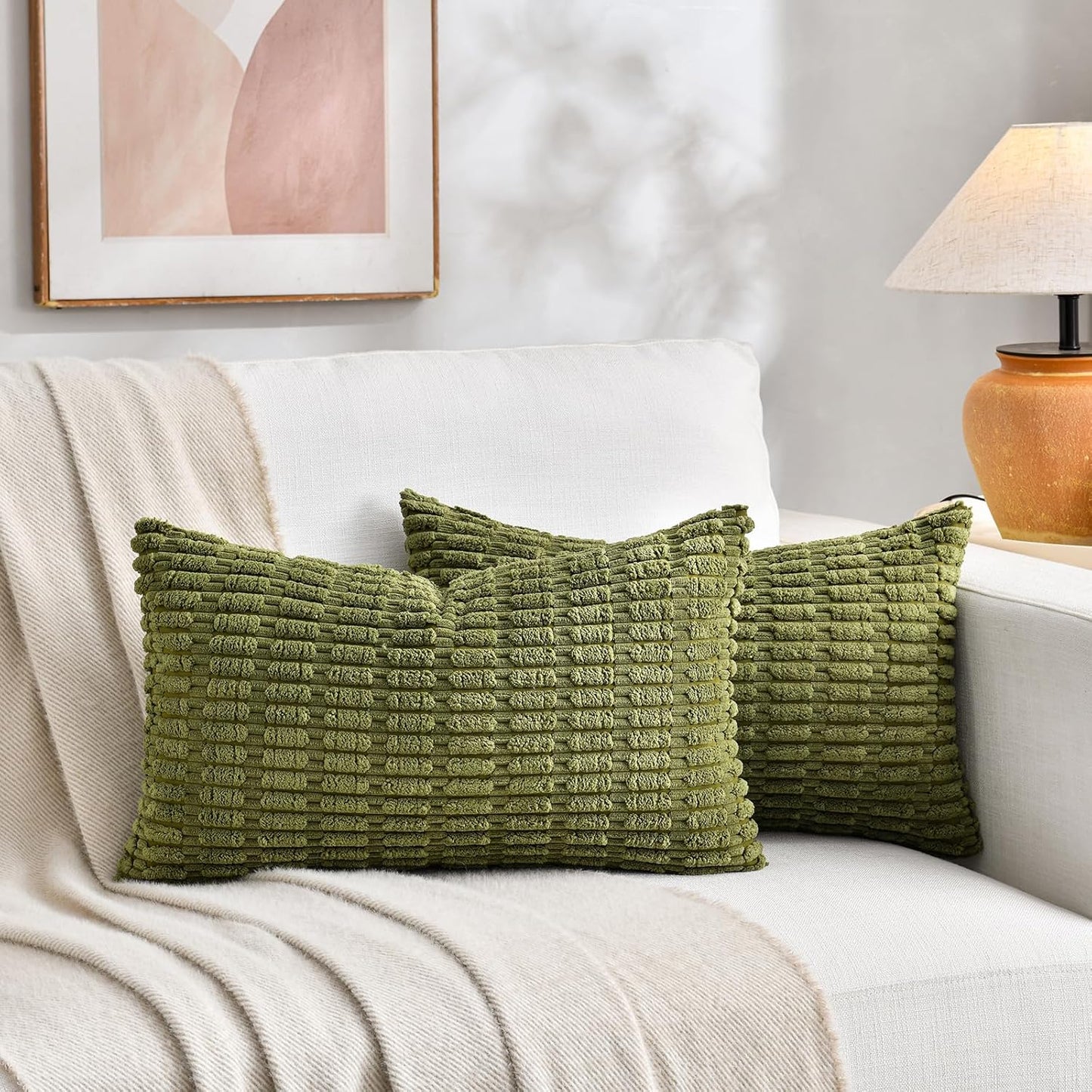 Fancy Homi 1 Pack Boho Moss Green Decorative Throw Pillow Covers 12x20 Inch for Couch Bed Sofa, Rustic Modern Farmhouse Home Decor, Soft Plush Corduroy Cute Rectangle Cushion Case 30x50 cm
