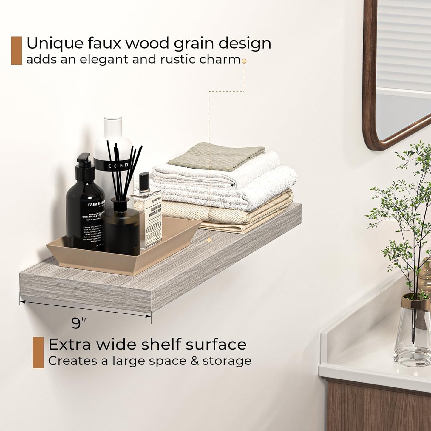 Floating Shelves - 24 Inch Rustic Wooden Wall Shelves - Extra Deeper & Thicker Wall Mounted Storage Shelf for Living Room, Kitchen, Farmhouse - 24" W x 9" D x 1.6" H - Rustic Grey, 2 Pack