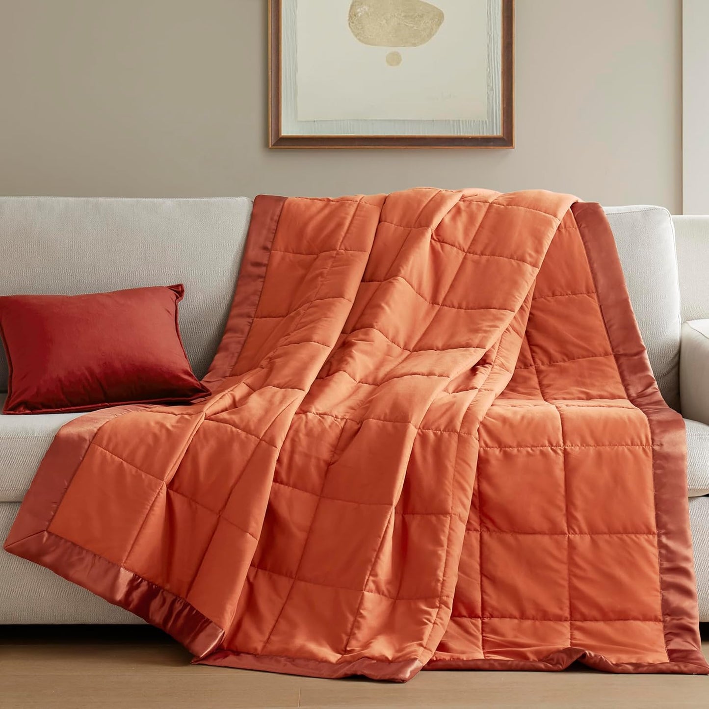 Madison Park Queen Blanket Quilted Microfiber, Satin Binding, 3M Scotchgard Moisture Wicking, Soft and Lightweight Summer Blanket for Couch, Windom, Full/Queen, Orange