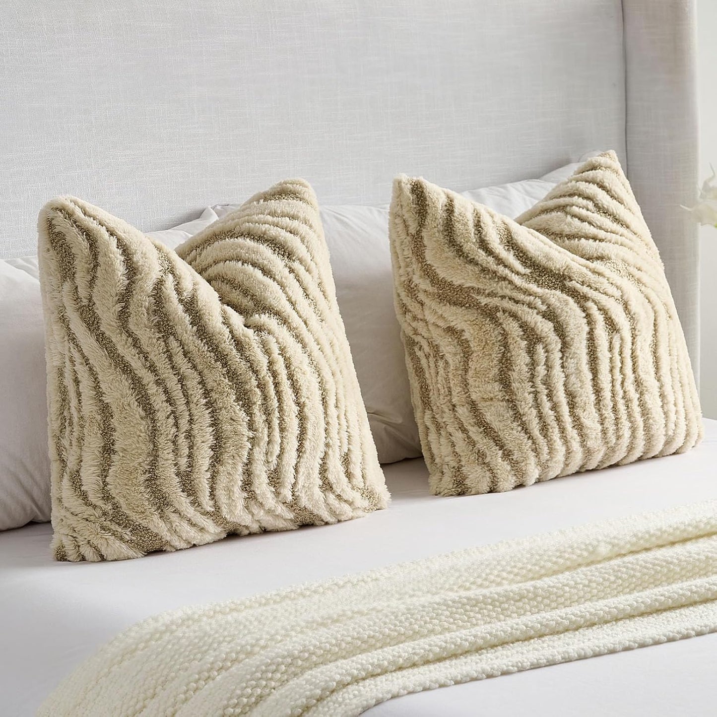 FUTEI Beige Decorative Throw Pillow Covers 18x18 Inch Set of 2,Soft Faux Fur Geometric Shapes Texture Cushion Case,Boho Home Decor for Couch Bed Living Room