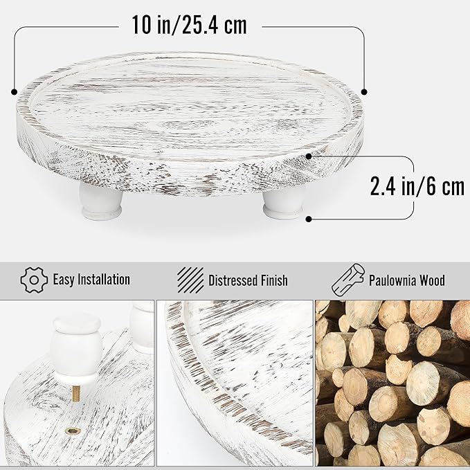 Tikea Farmhouse Wood Display Riser, 10 in. Farmhouse Pedestal Stand for Kitchen Bathroom Counter Decor, Round Display Tray for Soap Dispenser and Plant (White)