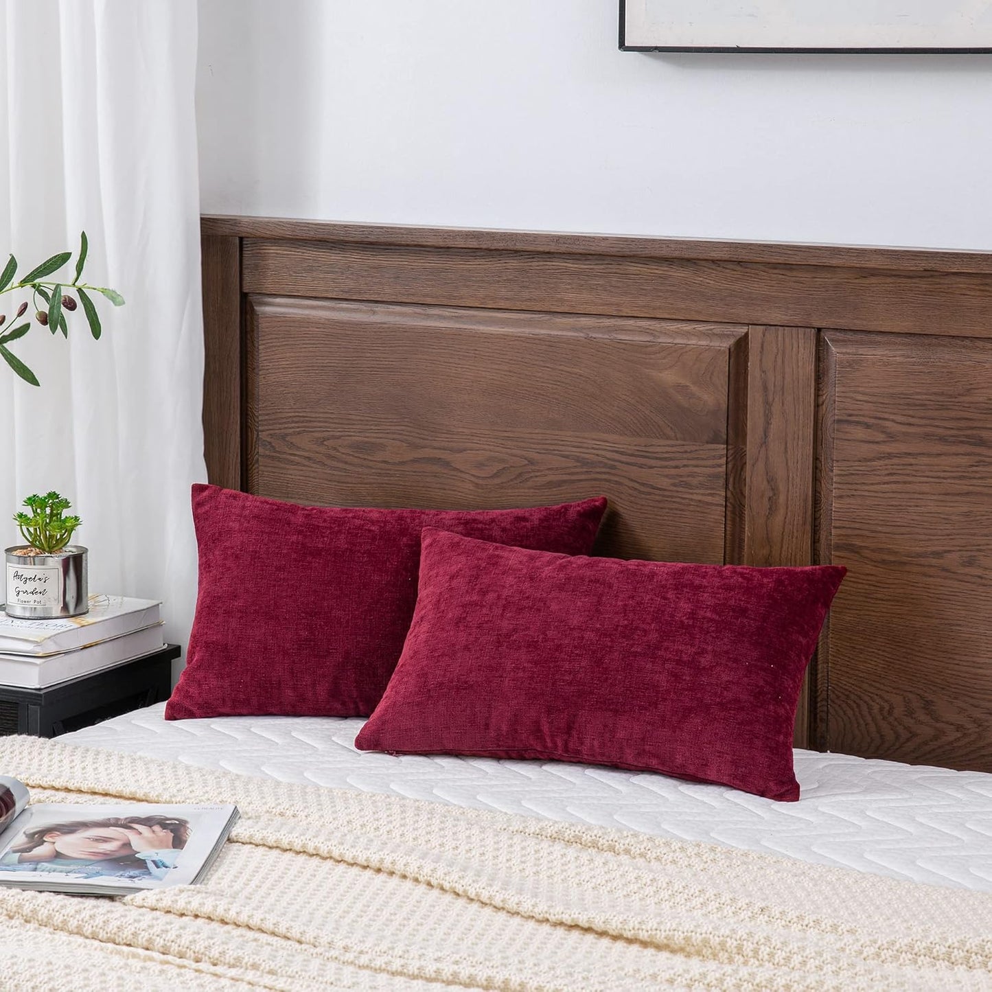 GAWAMAY Lumbar Decorative Throw Pillow Covers 12"x20" Inch Set of 2, Super Soft Chenille Rectangle Pillowcase for Living Room Bedroom Sofa Couch Cushion Pillow Cover Burgundy Red 30x50cm (ONLY COVERS)