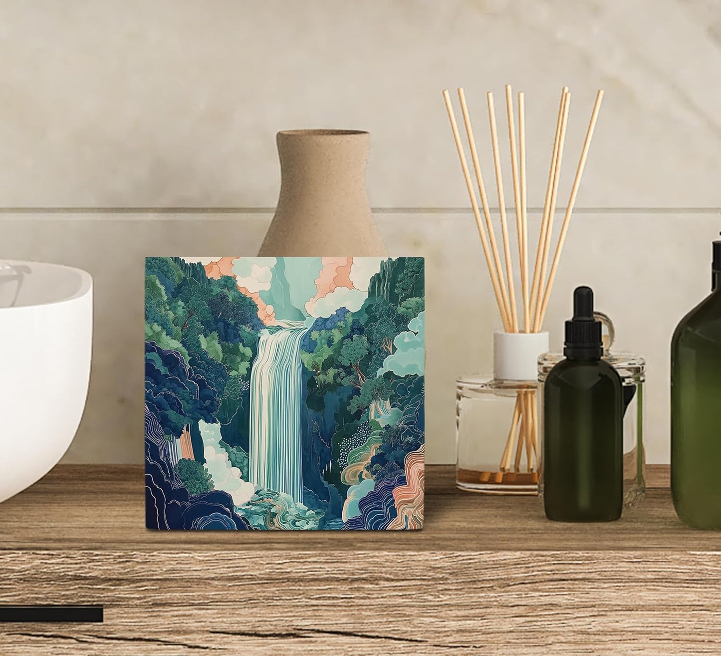 Ku-Dayi Blue and Green Waterfall Abstract Wooden Box Sign, Mountain River Forest Wood Box Decorations for Home Office, Nature Japanese Forest Landscape Wooden Block Plaque Desk Shelf Decor 5x5 Inch