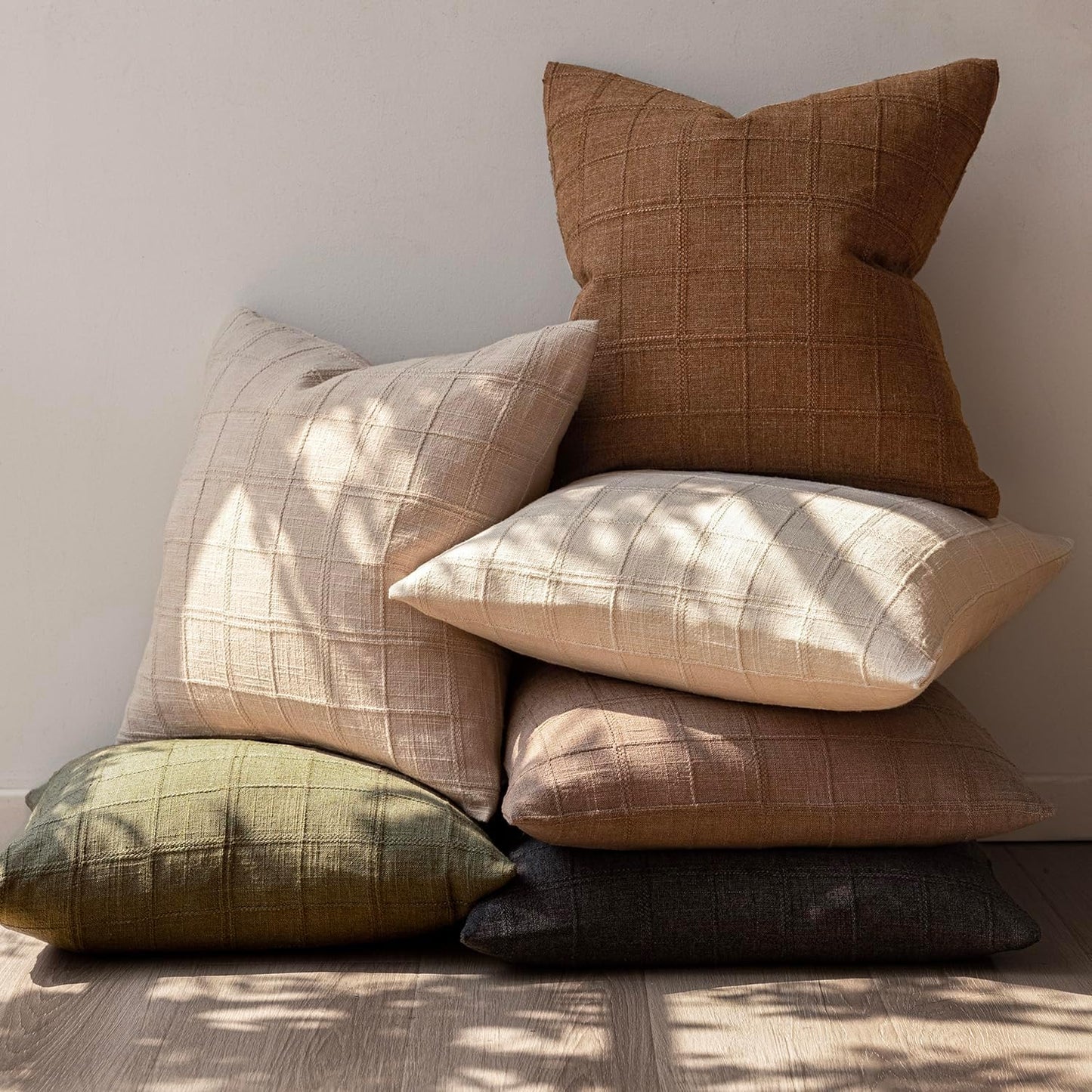 Foindtower Set of 2 Decorative Linen Check Throw Pillow Covers Neutral Farmhouse Vintage Cushion Covers Modern Boho Home Decor for Sofa Chair Couch Bedroom Living Room,24×24 Inch,Brown Hazel