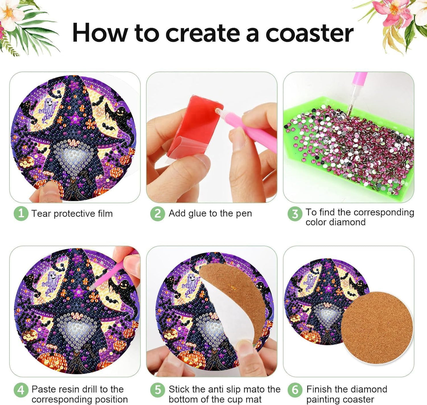 Meothan 8 Pcs Halloween Diamond Art Coasters Kits for Aldults with Holder Cork Pads, DIY Gnomes Diamond Dots Painting Coasters Crafts Kits for Home and Office Decor Gifts 4x4in