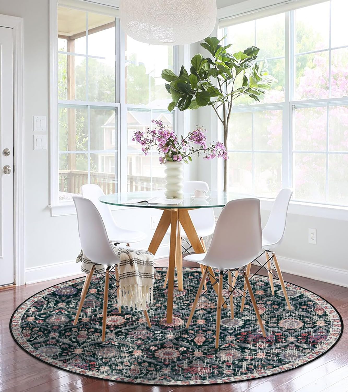 Lahome Moroccan Trellis Washable Round Area Rug, Soft Round Rugs 6ft Ultra-Thin Non-Slip, Vintage Large Circle Carpet for Bedroom Living Room Kitchen Nursery, Black/Multi