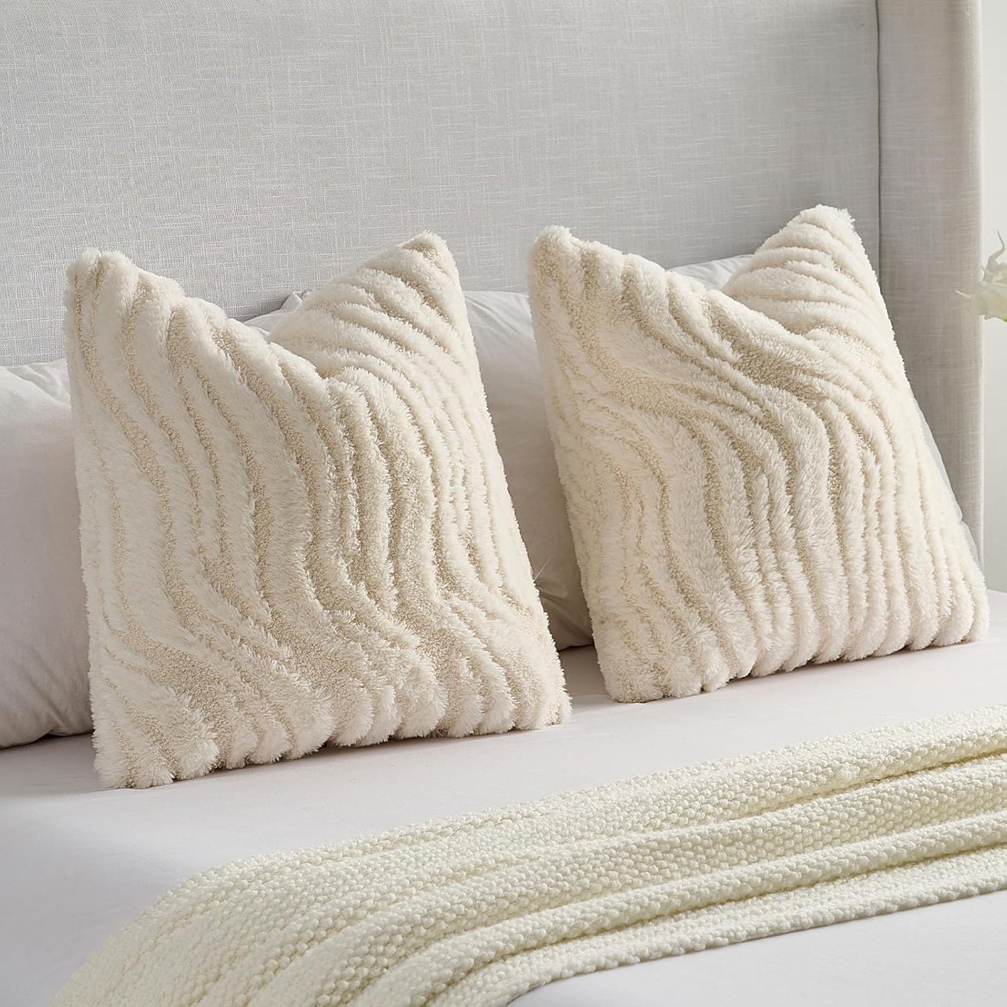 FUTEI Cream Decorative Throw Pillow Covers 22x22 Inch Set of 2,Soft Faux Fur Geometric Shapes Texture Cushion Case,Boho Home Decor for Couch Bed Living Room