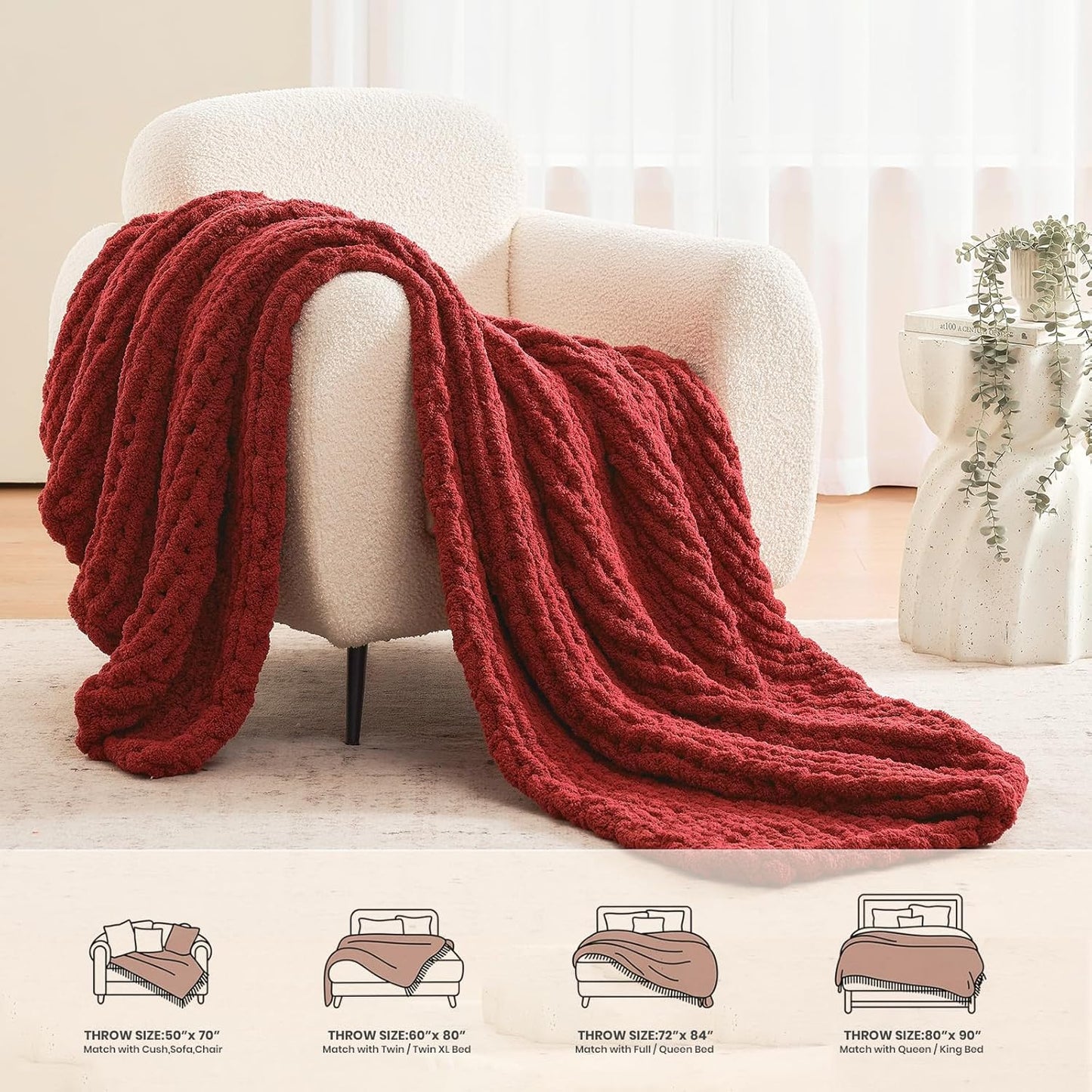 L'AGRATY Chunky Knit Blanket Throw: 60''x80'' Chenille Chunky Knitted Throw Blankets for Twin Bed Couch - Handmade Thick Cable Knit Blanket - Large Crochet Rope Blankets for Home Decor(Maroon Red)
