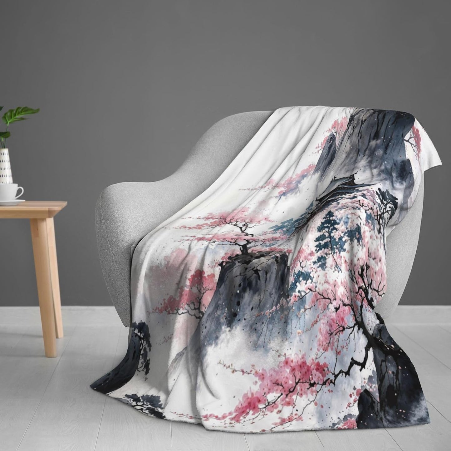 Japanese Cherry Blossom Ink Painting Throw Blanket, Fuzzy Blanket, Ultra Soft Cozy Flannel Throw Blankets Lightweight Fleece Blankets for Bed Couch Sofa 60"×80"