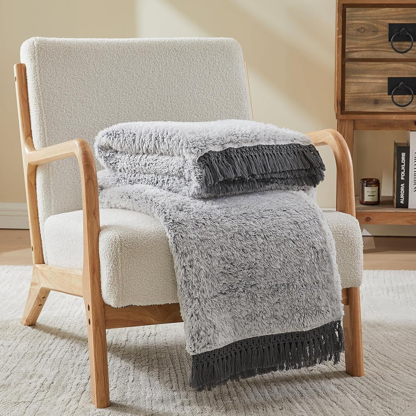 EMME Soft Sherpa Fleece Blanket with Tassel, Reversible Plush Fluffy Large Blanket, Light Weight Warm Decorative Boho Blanket Cover for Sofa, Couch, Bedroom,Travel(Tassel Grey,108"x90")