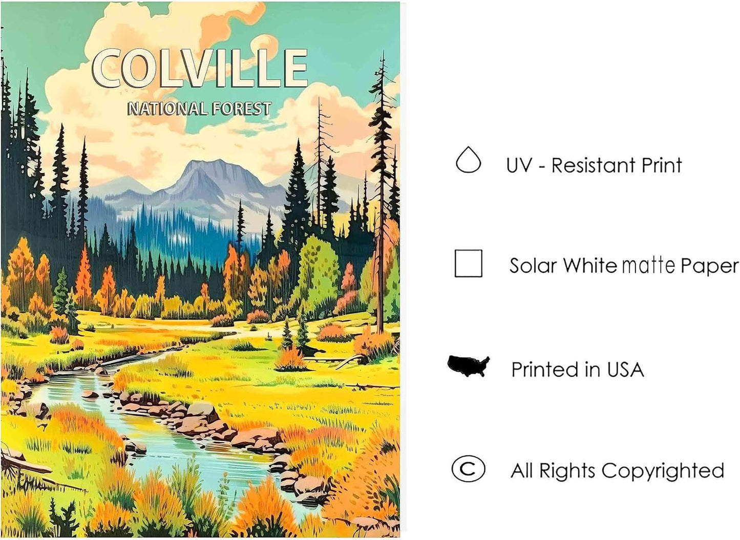 Colville National Forest Poster Art Print Retro Mountain Wall Art Poster Vintage Decor Nature Recreation Wilderness Wildlife Decoration, Outdoor Adventure Scenic Beauty Artwork. (Colville National