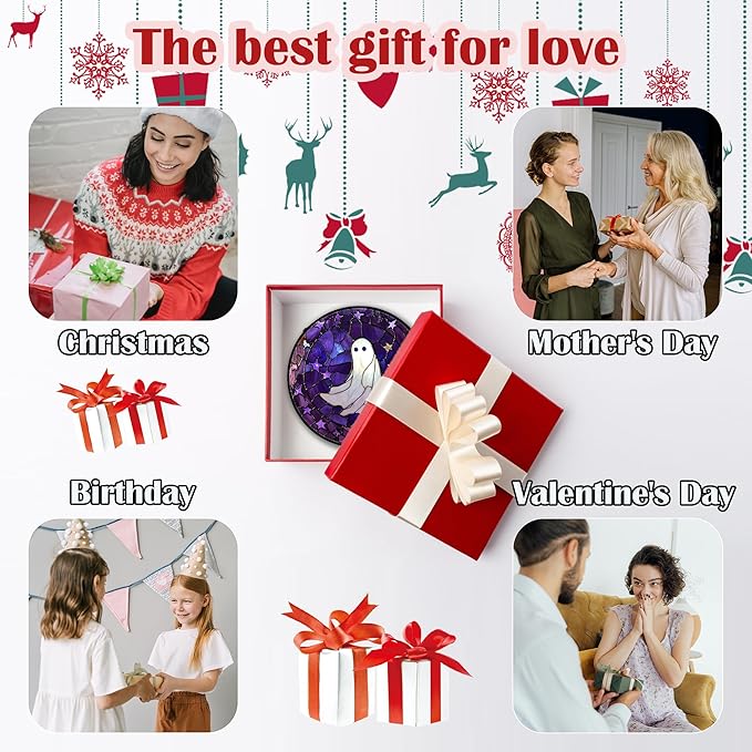 Stained Glass Window Hanging - Halloween Decoration Purple Star White Ghost Suncatcher for Doors Garden Indoor Spooky Sun Catchers Gothic Decor Horror Gifts for Women Men Friend 6.3 in