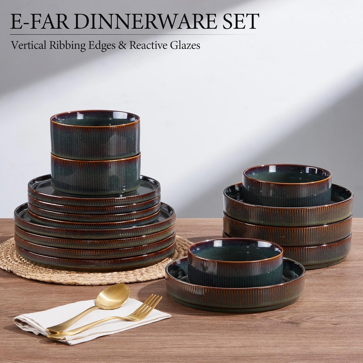 E-far 16 Piece Dinnerware Sets, Plates and Bowls with Pasta Bowls Service for 4, Modern Stoneware Ribbed Dishes for Kitchen Dining, Microwave & Dishwasher Safe, Blackish Green
