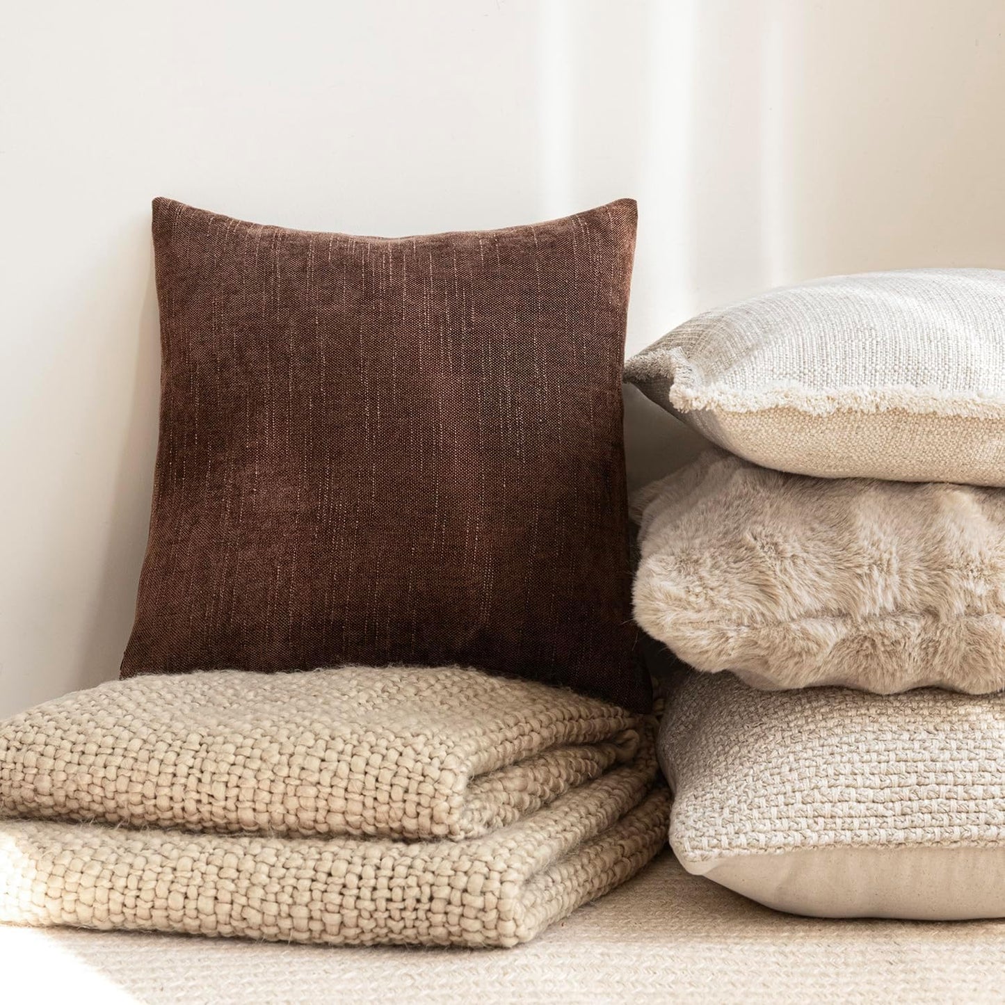 Foindtower Pack of 2 Textured Chenille Throw Decorative Pillow Covers Square Accent Solid Cushion Cover Neutral Farmhouse Lumbar Pillow Case for Couch Sofa Bedroom Living Room 12x20 Inch,Red Brown