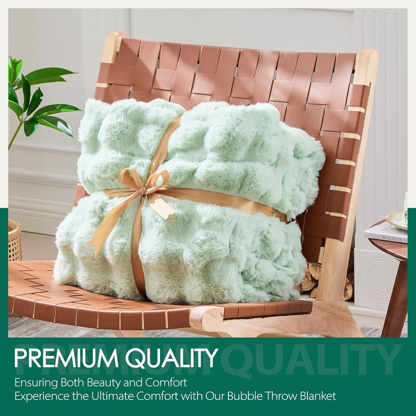 Luxury 1000GSM Faux Rabbit Fur Throw Blanket, Super Heavy Warm Cozy Blankets for Couch Bed Sofa, Bubble Plush Fuzzy Elegant Soft Reversible Mink Blanket for Living Room Bedroom, Green