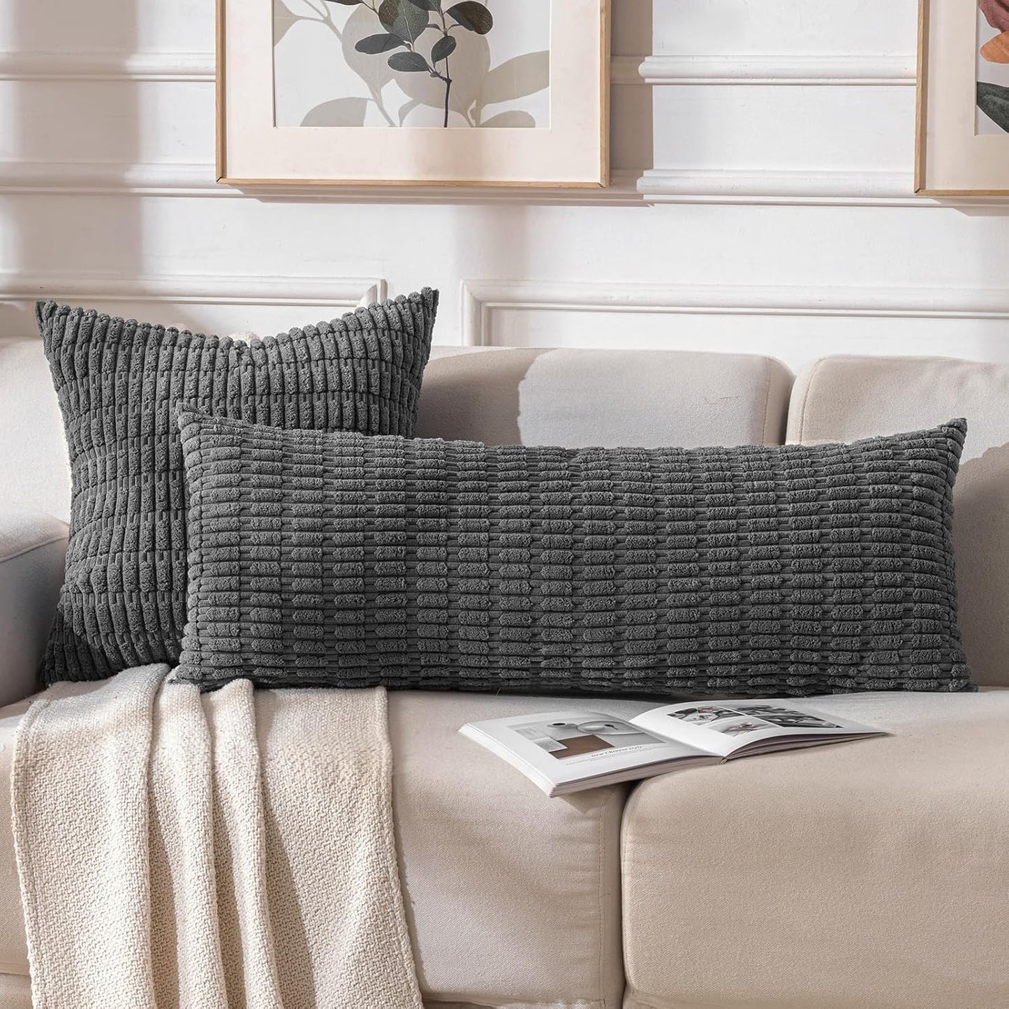 Fancy Homi Dark Grey Long Body Lumbar Decorative Throw Pillow Covers 14x36 Inch for Bed Couch Bedroom Bench, Soft Corduroy Rectangle Solid Pillow Case, Rustic Farmhouse Boho Room Decor