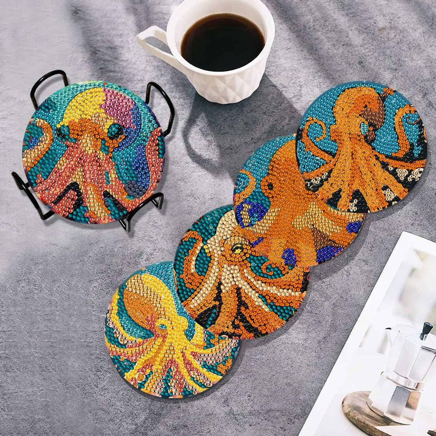 Leatrice 8 Pcs Octopus Diamond Art Coasters Small Diamond Painting Kits for Adults Beginners Women, Gem Art Coasters with Holder, Funny DIY Crafts for Home Decor