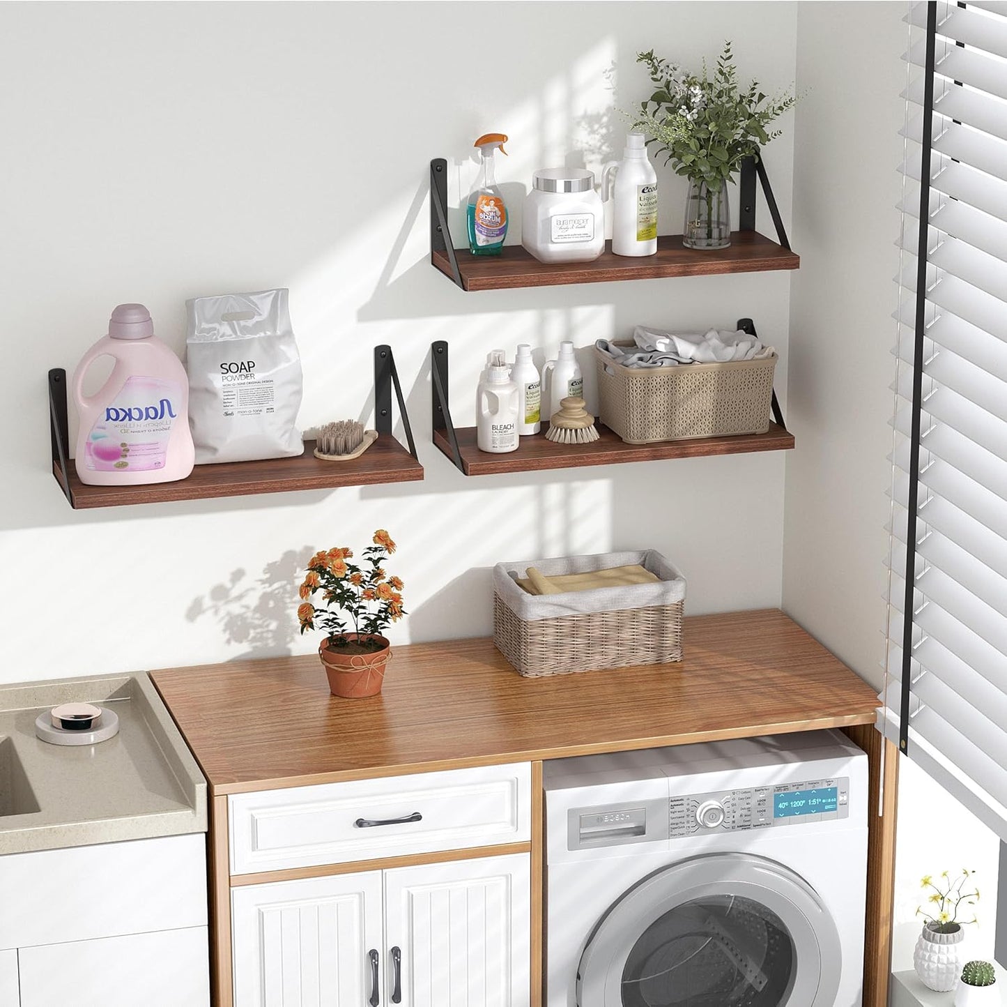 Heimlove Floating Shelves for Wall, 16 Inch Long Wood Floating Shelves Set of 3, Wall Mounted Hanging Shelf for Bathroom Bedroom Kitchen, Walnut