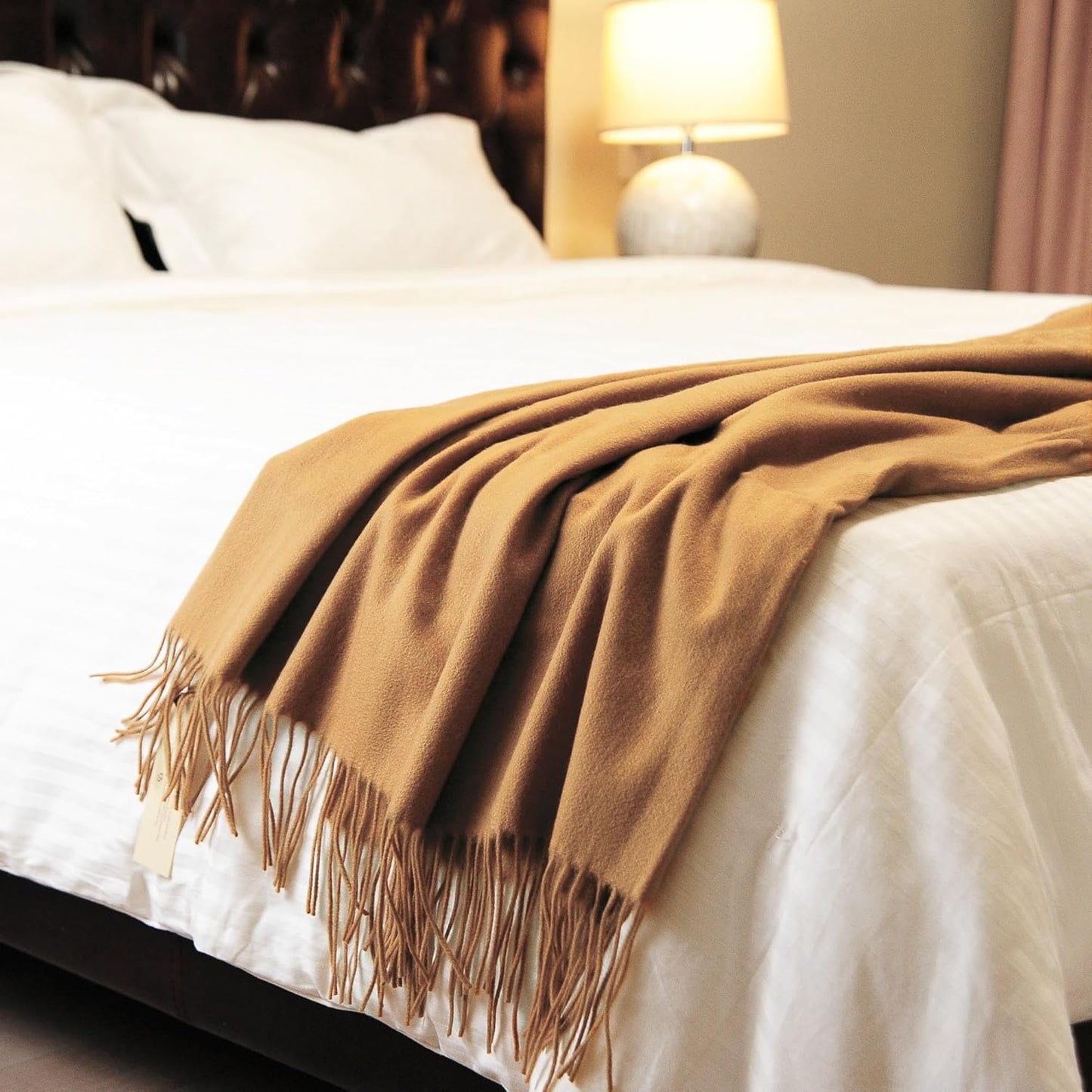 CUDDLE DREAMS Premium Cashmere Throw Blanket with Fringe, Luxuriously Soft (Camel)