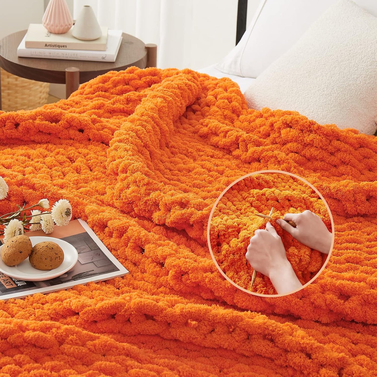 L'AGRATY Chunky Knit Blanket Throw: 30''x40'' Chenille Chunky Knitted Throw Blanket for Bed Couch - Handmade Thick Big Cable Knit Blankets - Large Crochet Rope Blankets for Home Decor(Orange)