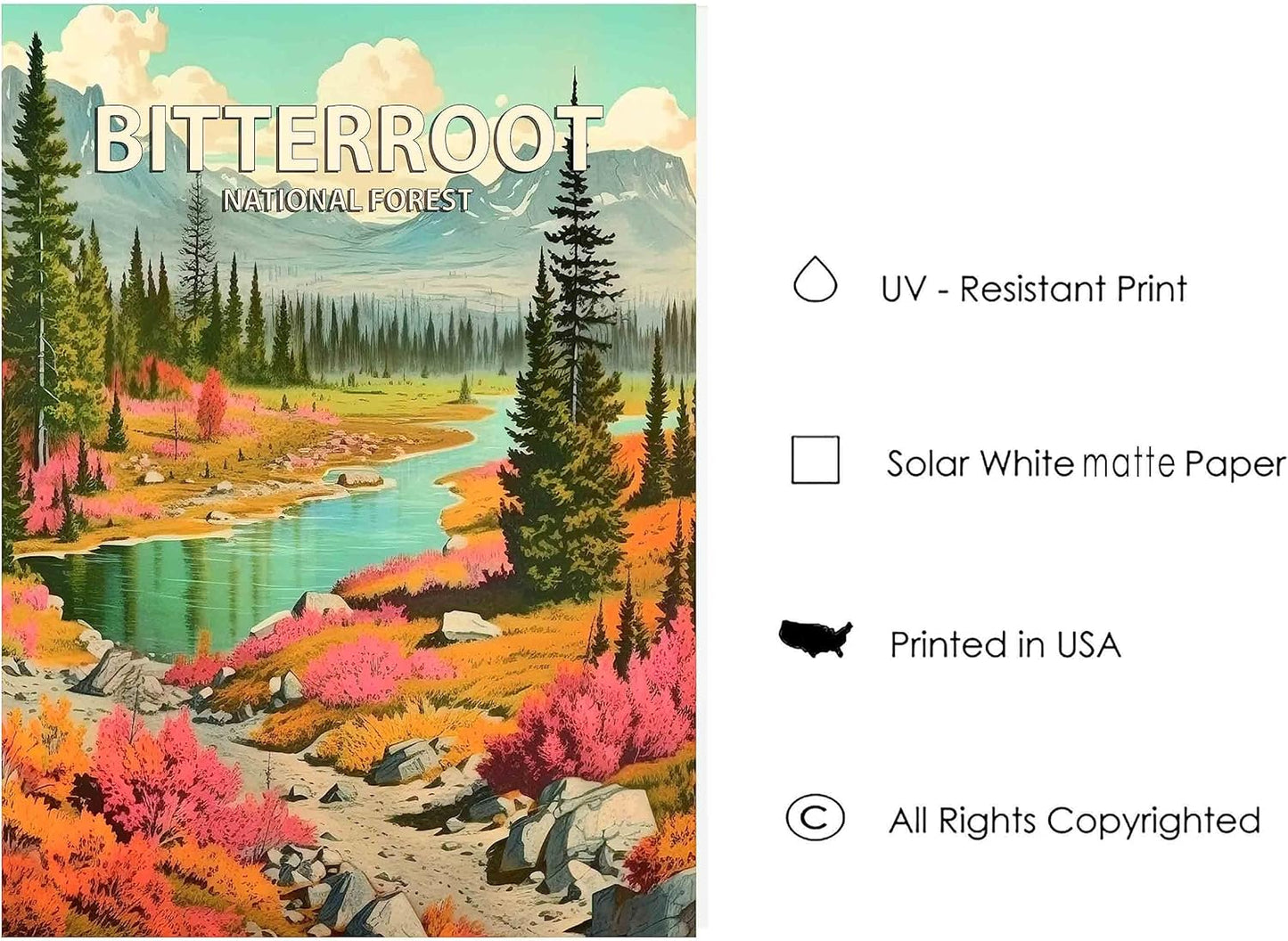 Bitterroot National Forest Poster Art Print Retro Mountain Wall Art Poster Vintage Decor Nature Recreation Wilderness Wildlife Decoration, Outdoor Adventure Scenic Beauty Artwork. (Bitterroot National