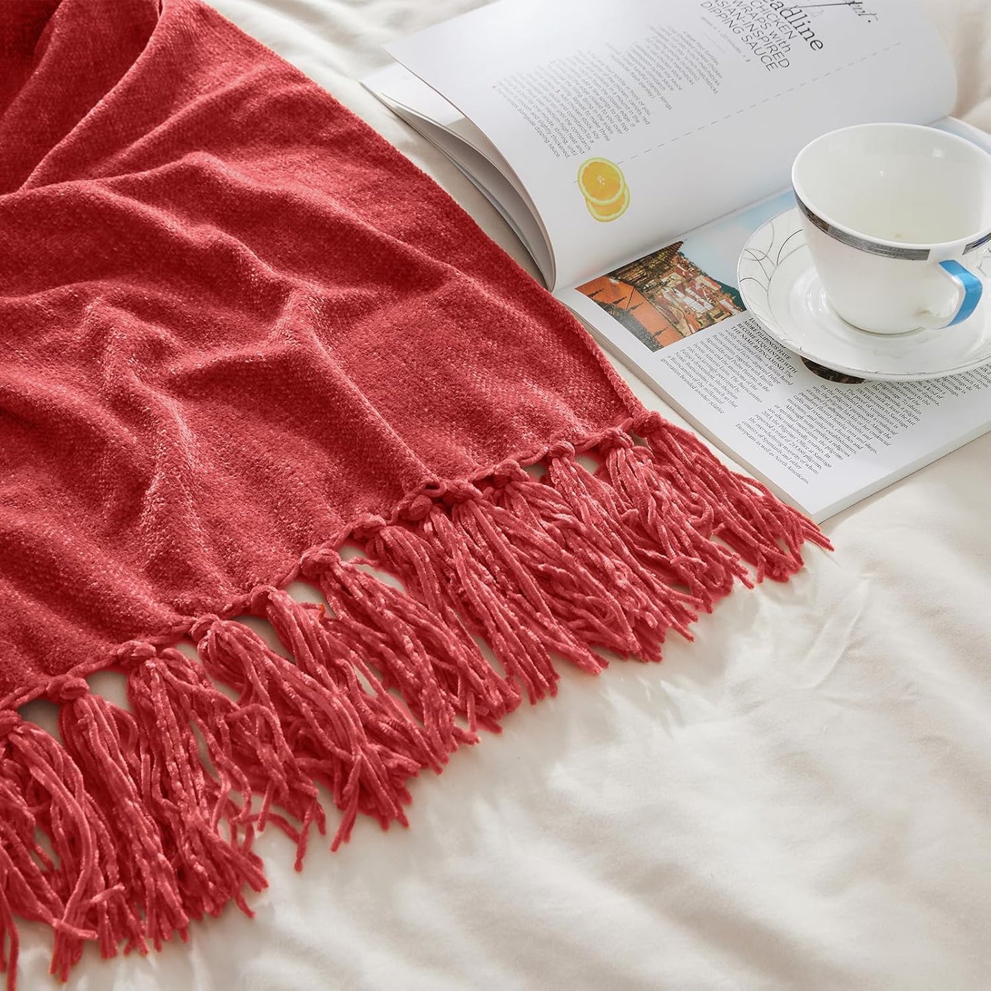 CozeCube Chenille Throw Blanket for Couch, Cozy Plush Fuzzy Decorative Christmas Red Blanket with Fringe Tassels, Lightweight Throws for Bed Sofa Gift Home Decor, 60"X80"