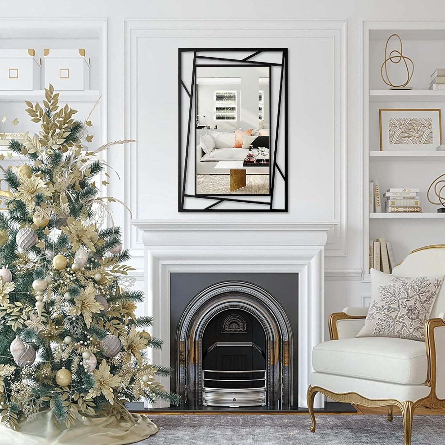 Black Bathroom Mirror 36''X24'' Rectangle Decorative Wall Mirrors with Geometric Metal Frame for Bathroom, Living Room, Bedroom, Entrance, Horizontal/Verticall, Easy to Install