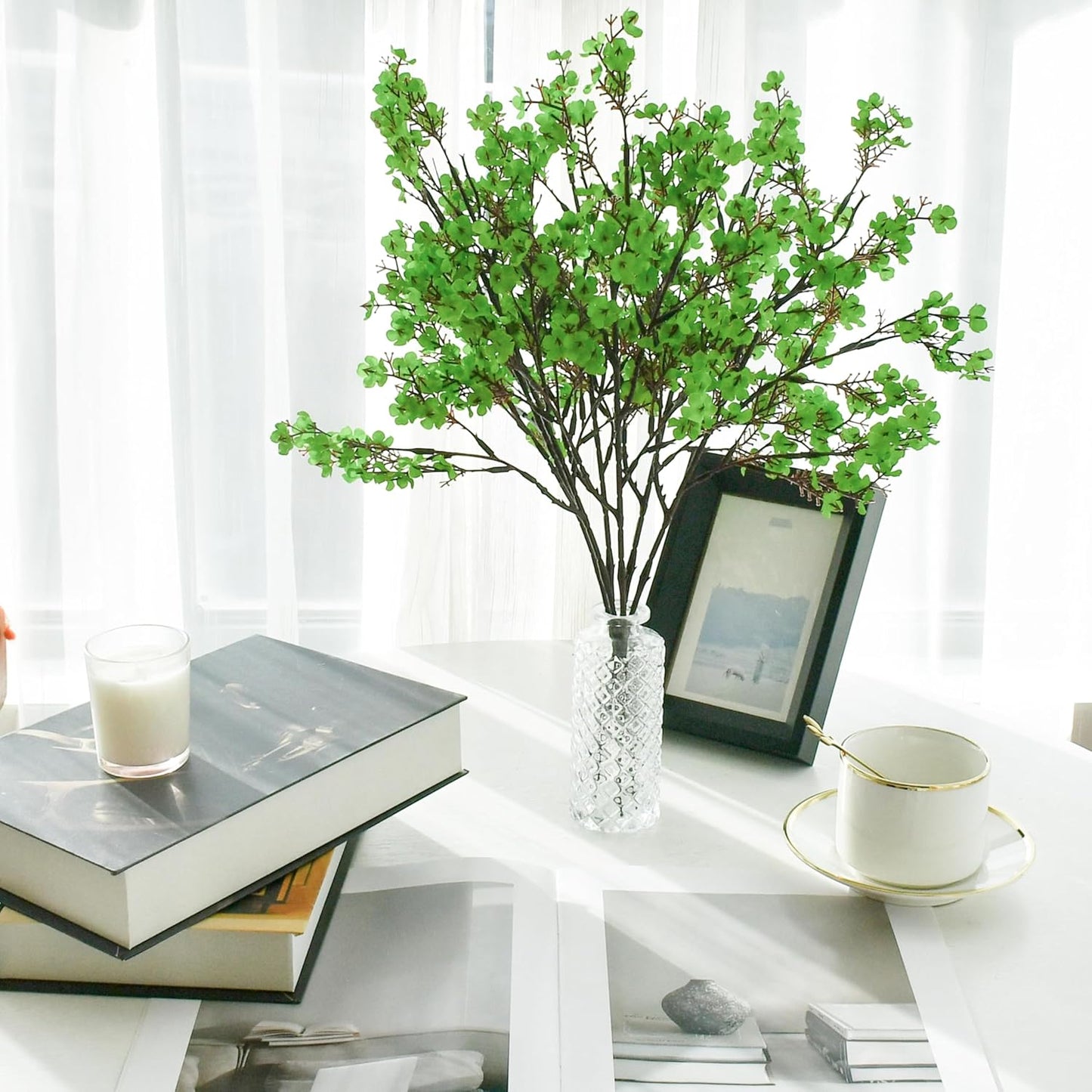 Mandy's Green Artificial Baby’s Breath Flowers 6 Bundles Silk Gypsophila with Bendable Stems for Fall Centerpiece Wedding Decor and Table Arrangements