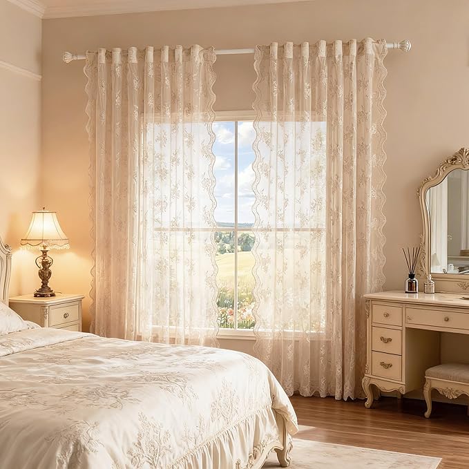 MEETSKY Boho Lace Sheer Curtains 90 Inches Long for Dining/Living Room Vintage Victorian Curtain French Elegant Back Tab Rod Pocket Light Filtering Drapes, 50" Wide Each Panel, 2 Panels, Oatmeal Beige