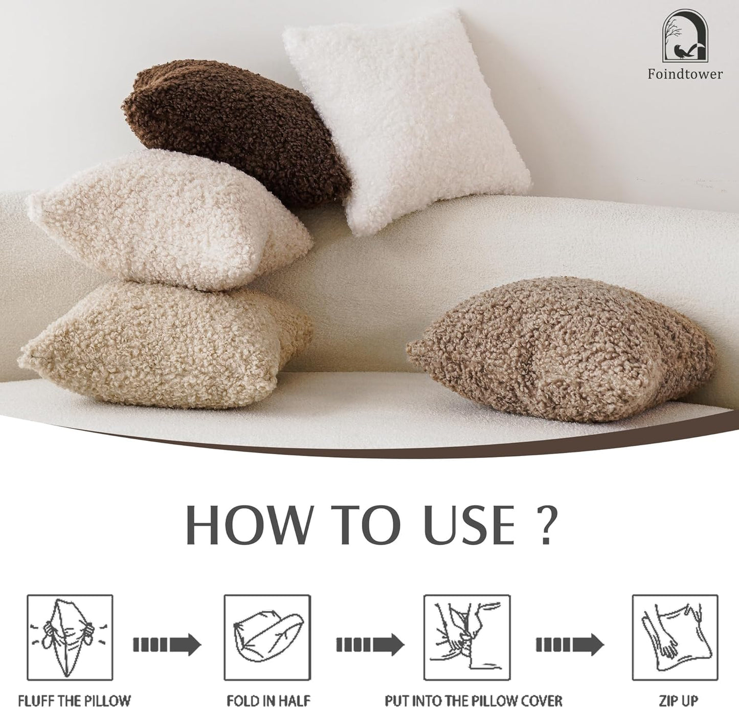 Foindtower 2 Pieces Faux Fur Throw Pillow Cover Decorative Sherpa Pillow Fuzzy Accent Pillowcases Soft Sheepskin Fleece Cushion Case for Bed Couch Living Room 26x26 Inch Oatmeal