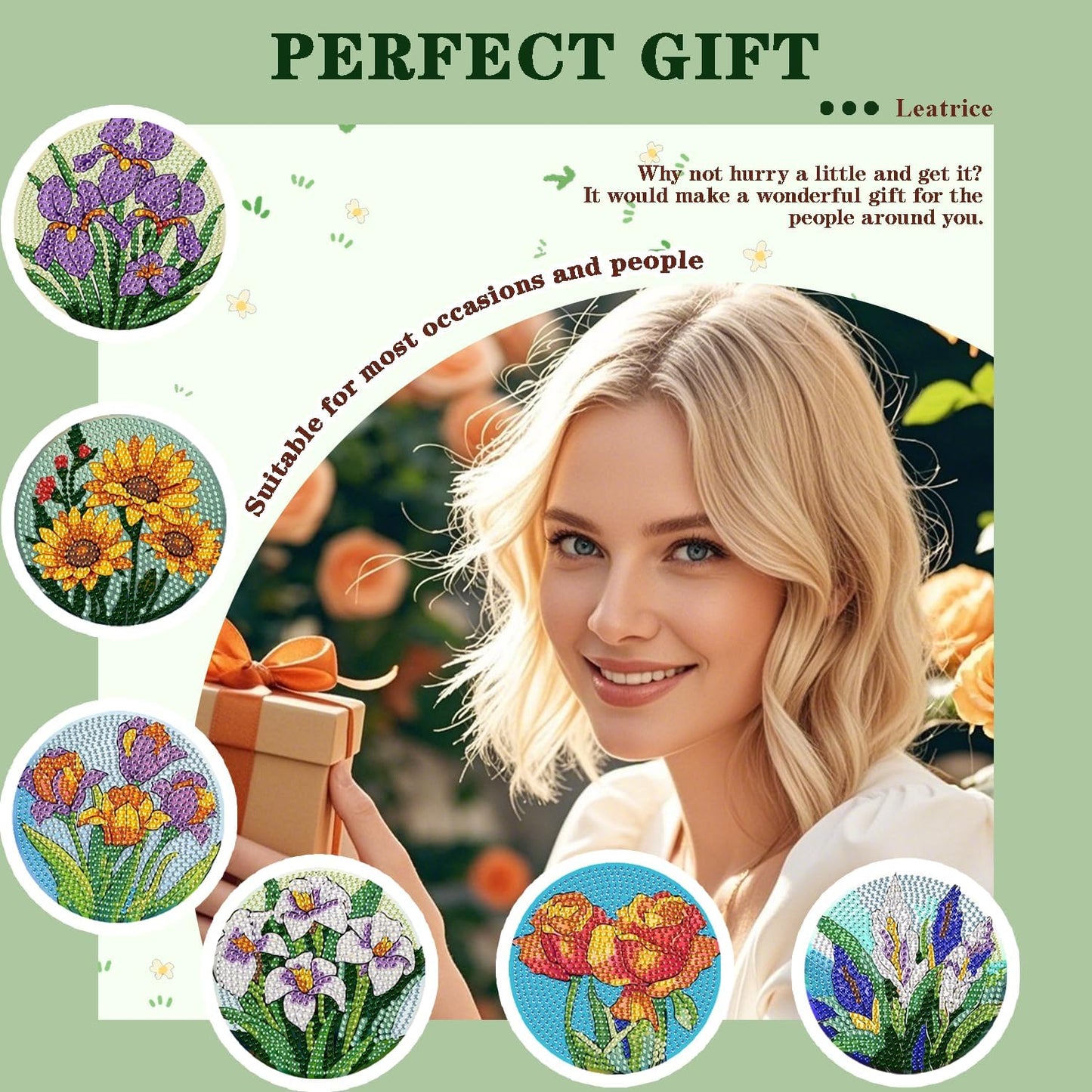 Leatrice 6PCS Flower Diamond Art Coasters Small Diamond Painting Kits for Adults Diamond Dots Round Full Drill Diamond Coasters with Holder Easy Art Crafts for Beginners Women