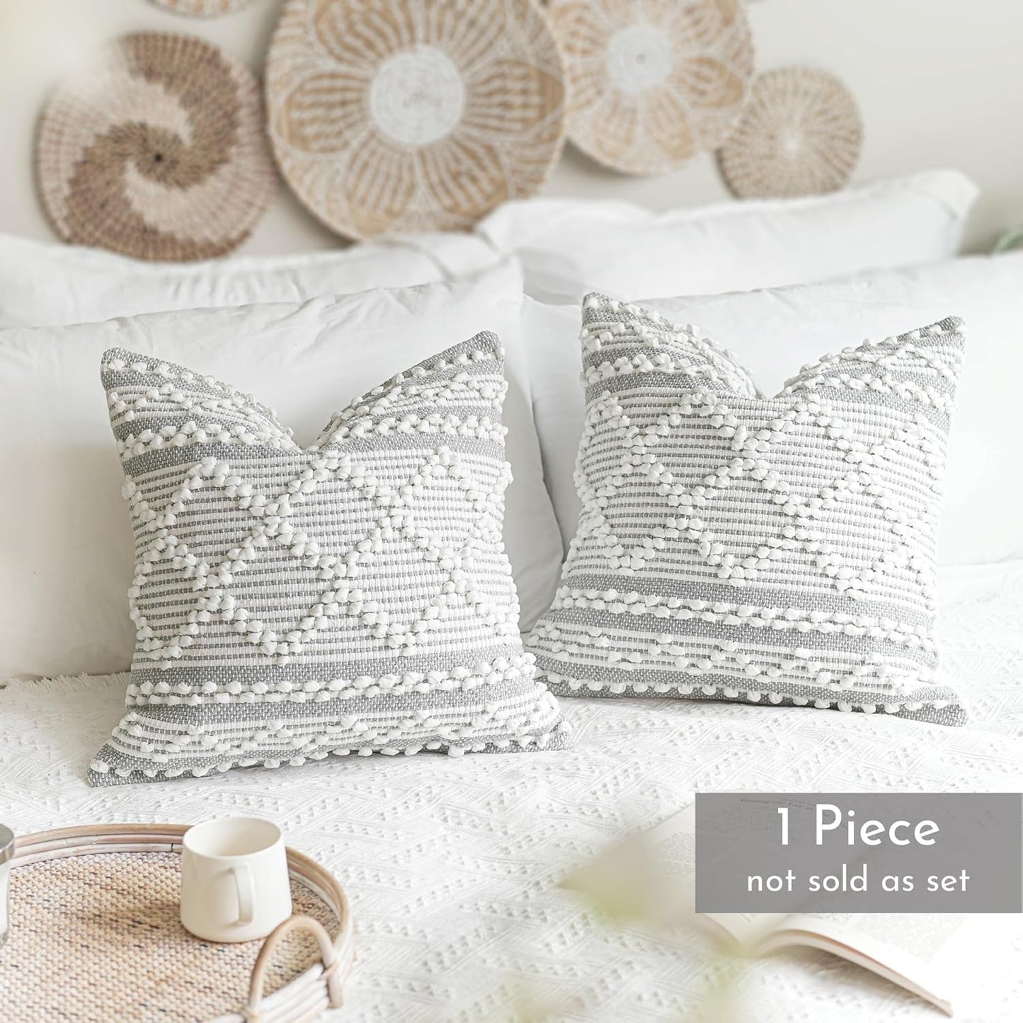 BlissBlush Gray White Decorative Throw Pillow Cover 22X22, Boho Accent Pillow for Couch, Square Modern Farmhouse Pillowcase for Living Room Couch Sofa Cushion Home Décor (Pack of 1)