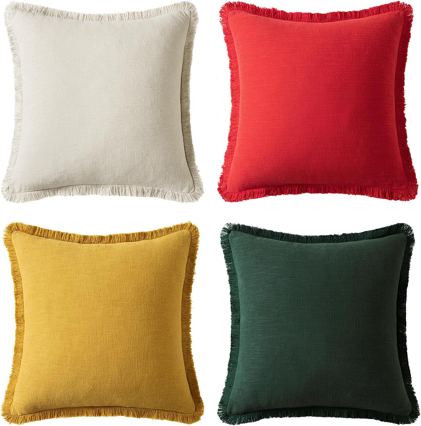 MIULEE Linen Pillow Covers 18x18 Inch Decorative Throw Pillows with Fringe Pack of 4 Soft Farmhouse Boho Couch Pillows Home Decors for Sofa Cushion Living Room Bed Dark Green and Yellow