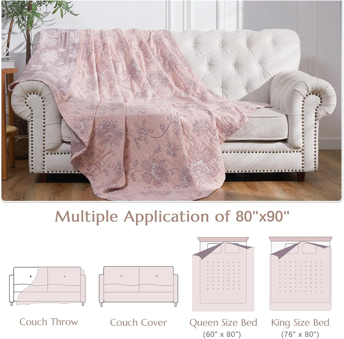 jinchan Boho 100% Cotton Muslin Queen Size 80x90 Inches Blanket Lightweight 4-Layer Quilted Soft Pink Multi Floral Throw Blanket Reversible Comfy Flower Rustic All Seasons Couch Bedroom Decor