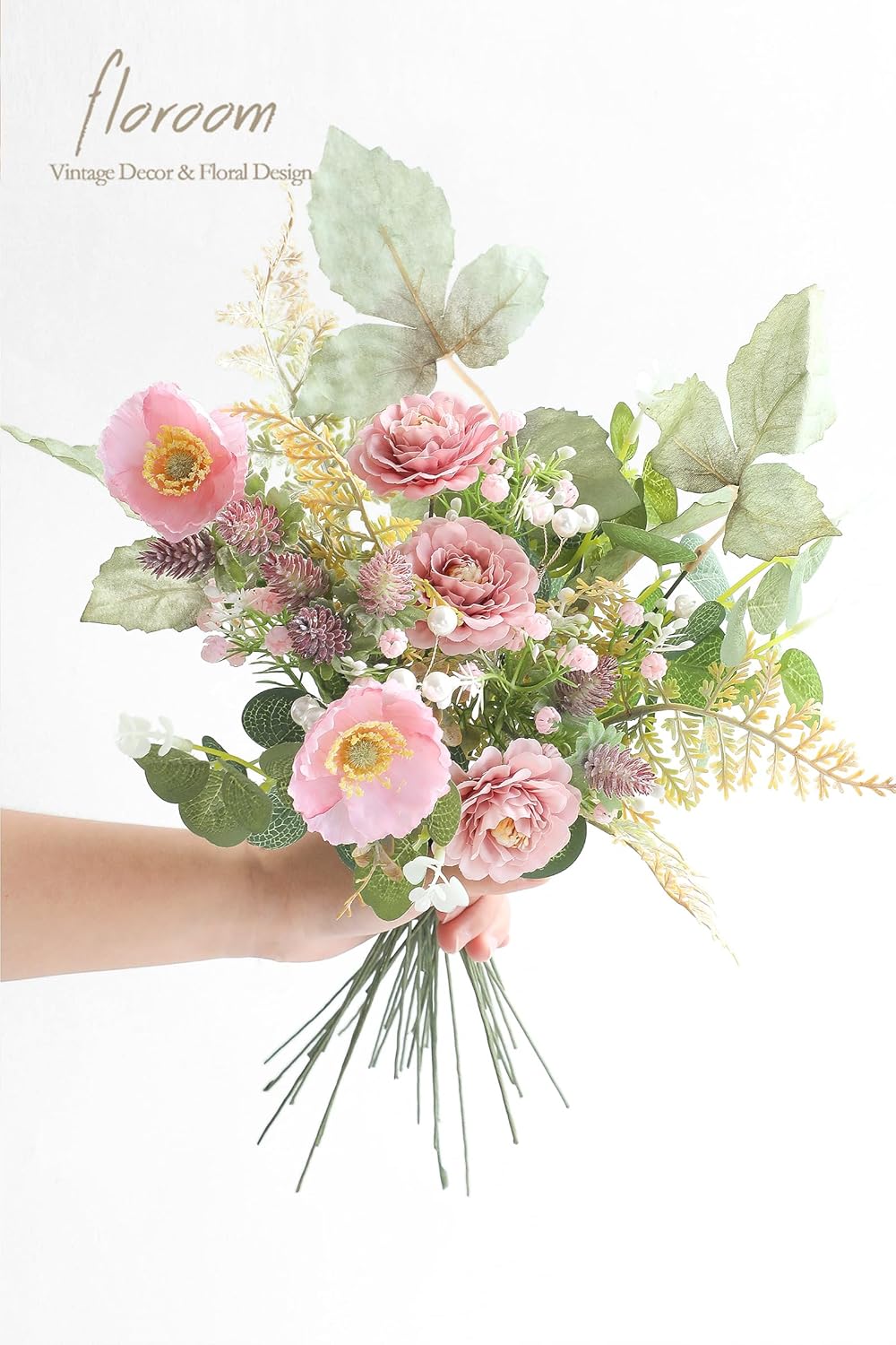 Floroom Artificial Greenery Stems Box Set, 45pcs with 6 Kinds of Faux Greenery Flowers Picks for DIY Bridal Bouquets Wedding Floral Arrangement Table Centerpieces, Dusty Rose & Green