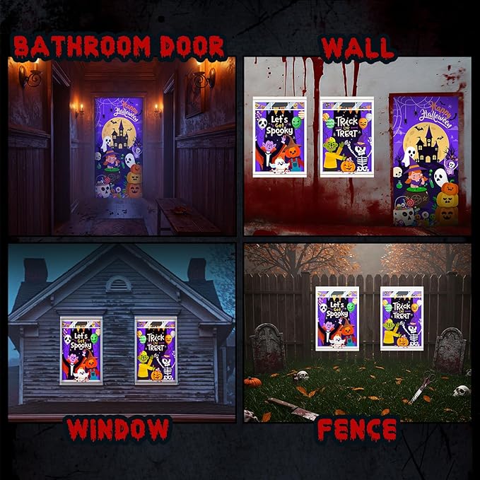 Tioncy 3 Pcs Halloween Window Door Covers Decorations Set Halloween Window Curtains Let's Get Spooky Trick or Treat Skull Pumpkin Ghost Castle Pattern Banner Porch Indoor Outdoor Decoration