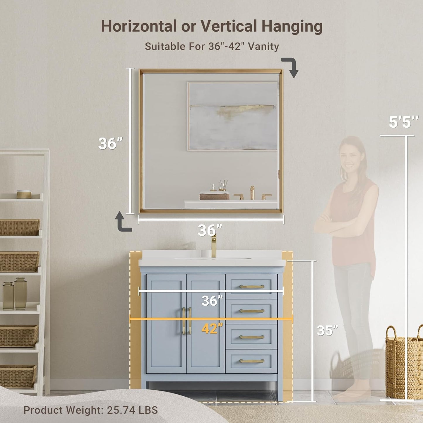 Gold Bathroom Mirror 36x36 Inch Square Beveled Bathroom Vanity Mirror Brushed Gold Framed Bathroom Mirror, Shatterproof Brushed Brass Metal Frame Mirror for Bathroom Wall