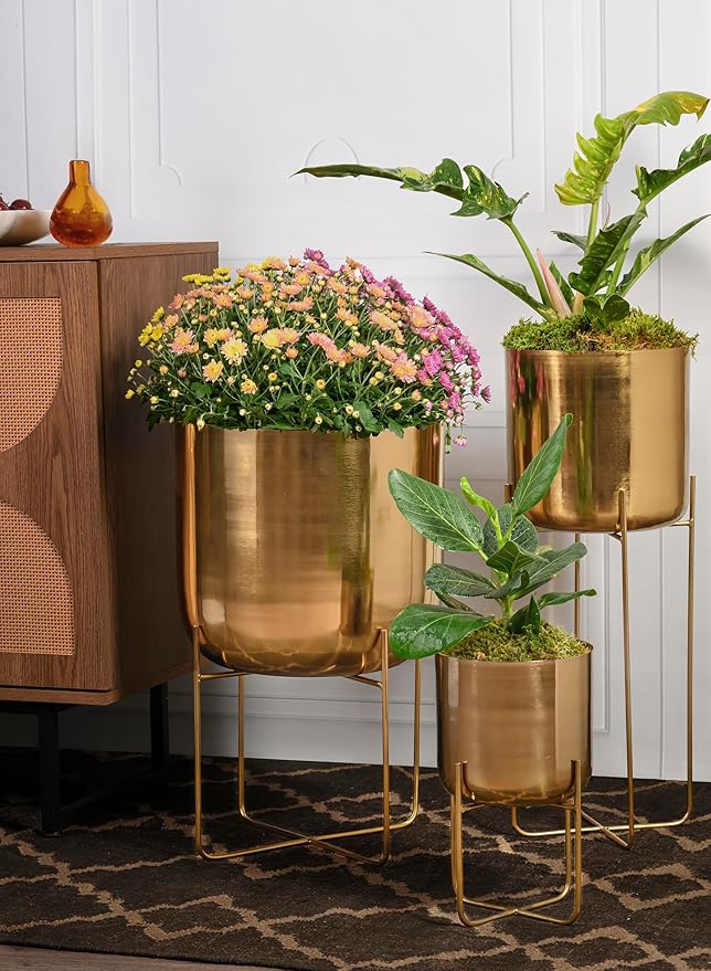 Serene Spaces Living (Set of 4 Short Gold Planter with Detachable Metal Stand, Decorative Indoor Planter Pot, Flower Pots Stand for Living Room, Kitchen, Office, Measures 13" Tall and 7.25" Diameter