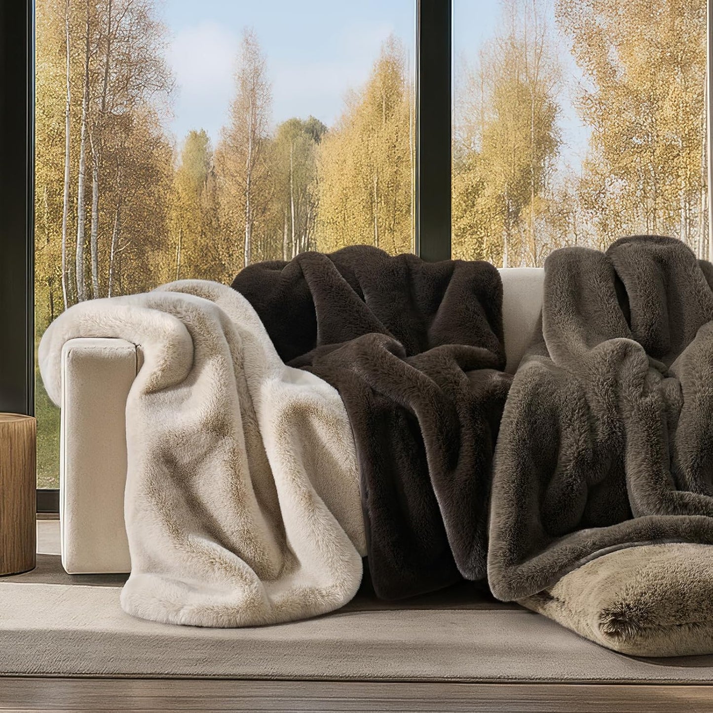 EVERGRACEHOME Luxury Soft Faux Chinchilla Fur Throw Blanket for Couch, Warm Thick Heavy Winter Throw Blanket 1220GSM for Bed, Fluffy Cozy Mink Blanket with Reversible Velvet, Birch Mink, 50"x60"