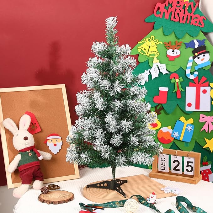 2Ft Artificial Christmas Tree Green Tabletop Christmas Tree with Flocking Snow Frost Tips Plastic Stand Mini Xmas Pine Tree for Party Supplies Indoor Outdoor Holiday Home Decoration